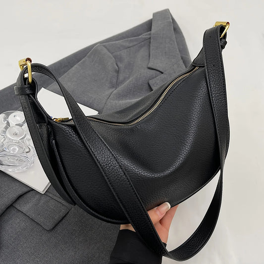 Women Shoulder Bags – PU Leather Half Moon Bag With Adjustable Strap & Gold Hardware - ZOOMNSTORE
