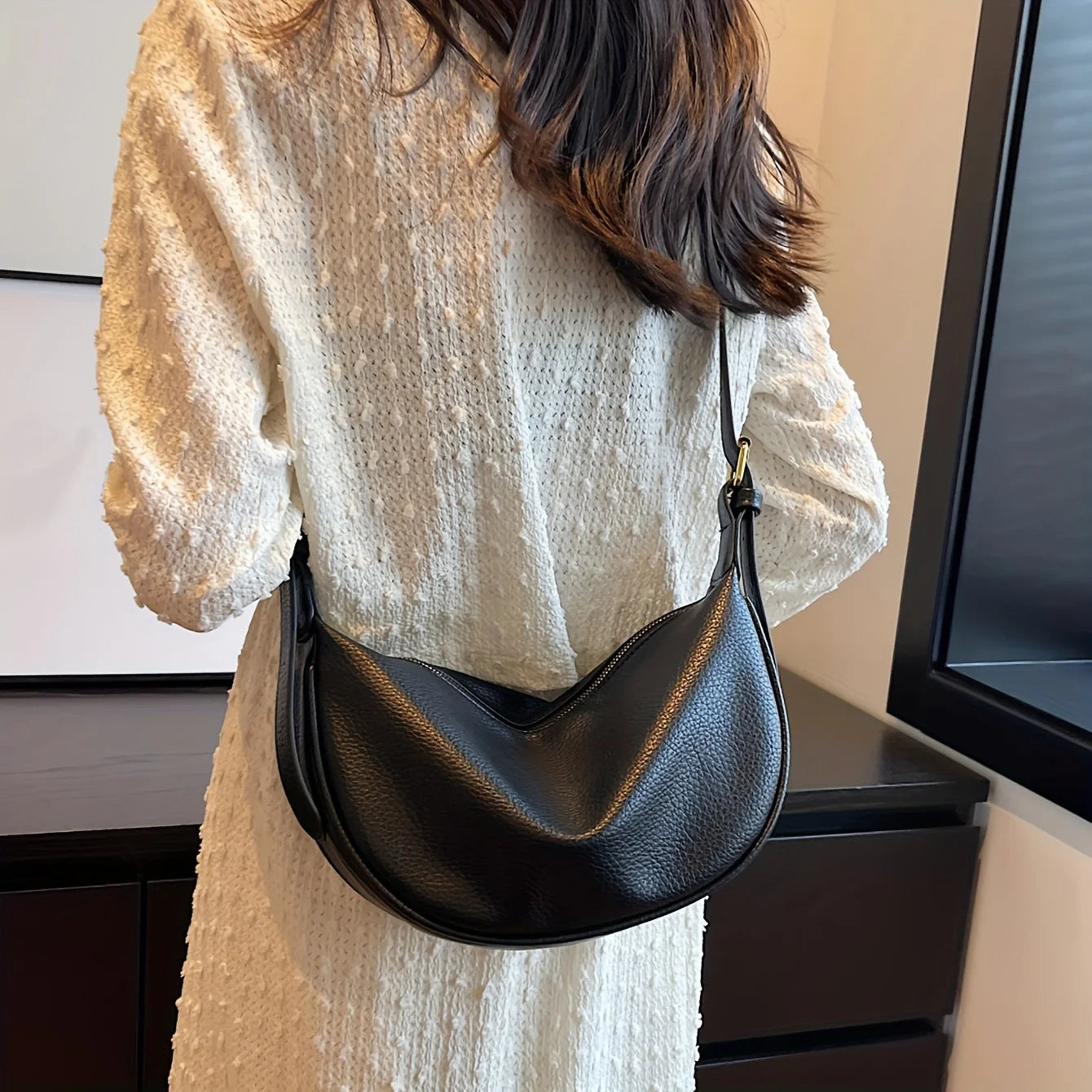 Women Shoulder Bags – PU Leather Half Moon Bag With Adjustable Strap & Gold Hardware - ZOOMNSTORE