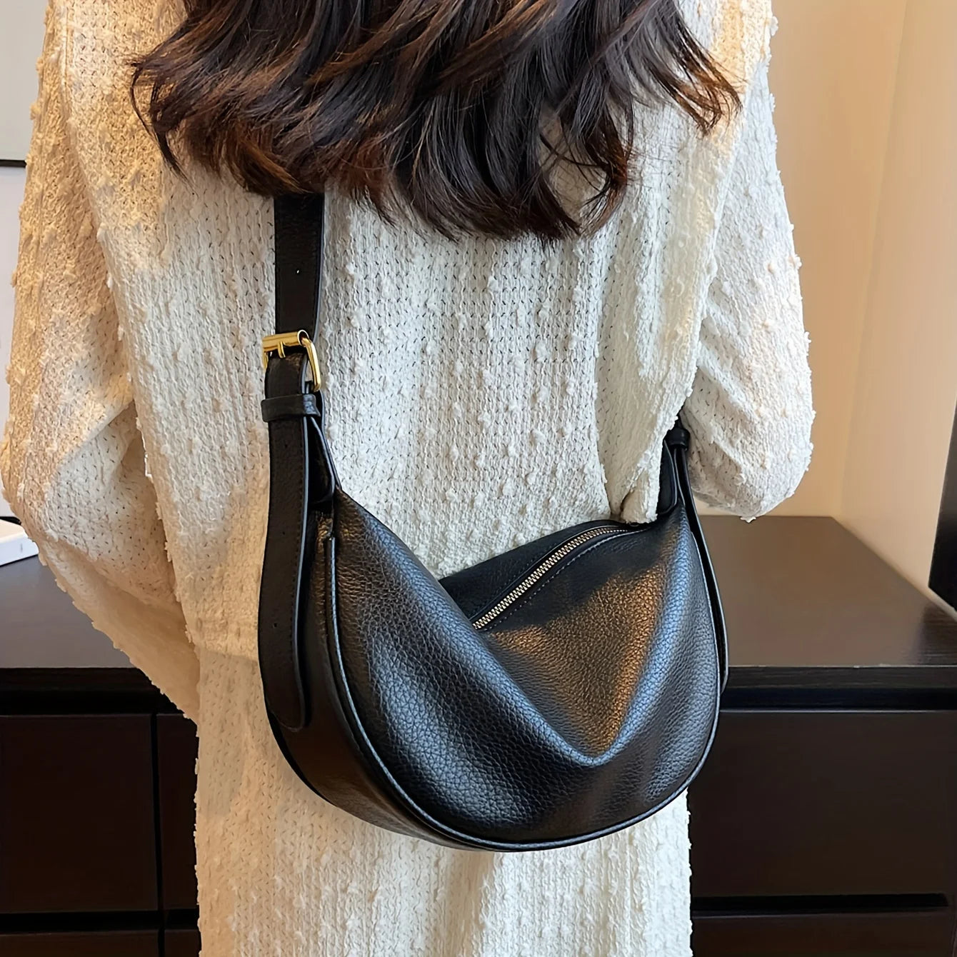 Women Shoulder Bags – PU Leather Half Moon Bag With Adjustable Strap & Gold Hardware - ZOOMNSTORE
