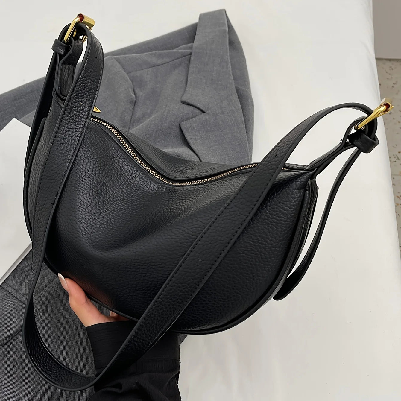 Women Shoulder Bags – PU Leather Half Moon Bag With Adjustable Strap & Gold Hardware - ZOOMNSTORE