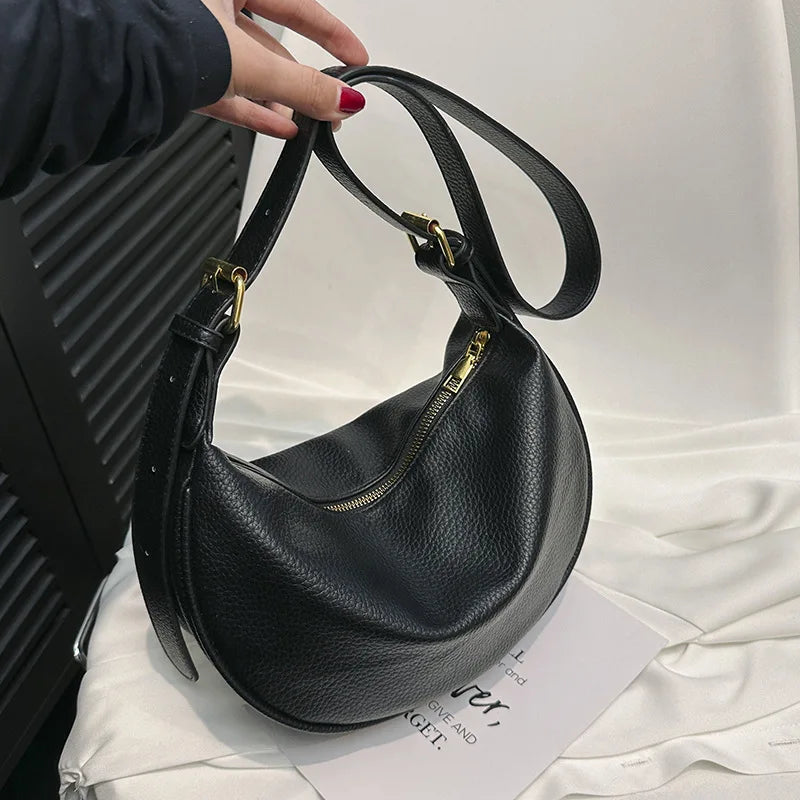 Women Shoulder Bags – PU Leather Half Moon Bag With Adjustable Strap & Gold Hardware - ZOOMNSTORE