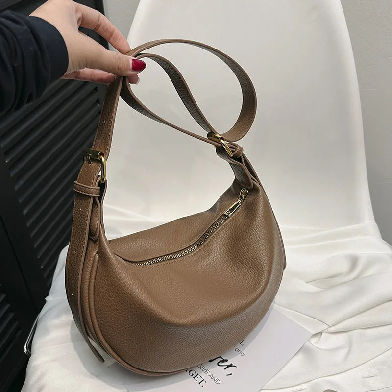 Women Shoulder Bags – PU Leather Half Moon Bag With Adjustable Strap & Gold Hardware - ZOOMNSTORE