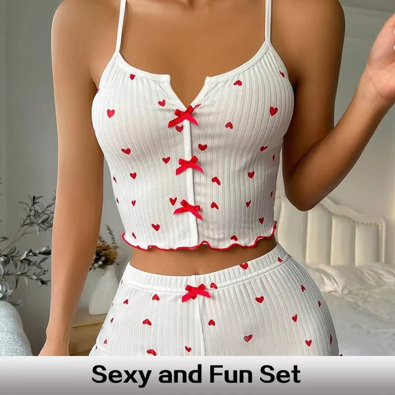 Silk Heart Print Pajamas Set - Womens V-Neck Cami Top  Shorts Loungewear - ZOOMNSTORE