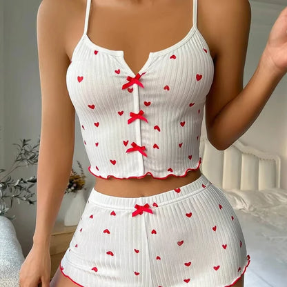 Silk Heart Print Pajamas Set - Womens V-Neck Cami Top  Shorts Loungewear - ZOOMNSTORE