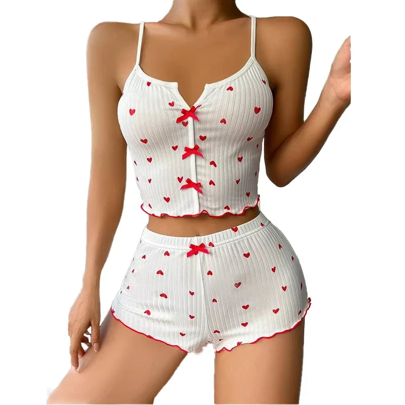 Silk Heart Print Pajamas Set - Womens V-Neck Cami Top  Shorts Loungewear - ZOOMNSTORE