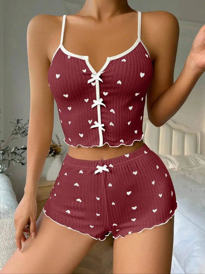 Silk Heart Print Pajamas Set - Womens V-Neck Cami Top  Shorts Loungewear - ZOOMNSTORE