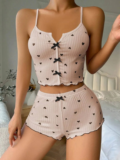 Silk Heart Print Pajamas Set - Womens V-Neck Cami Top  Shorts Loungewear - ZOOMNSTORE