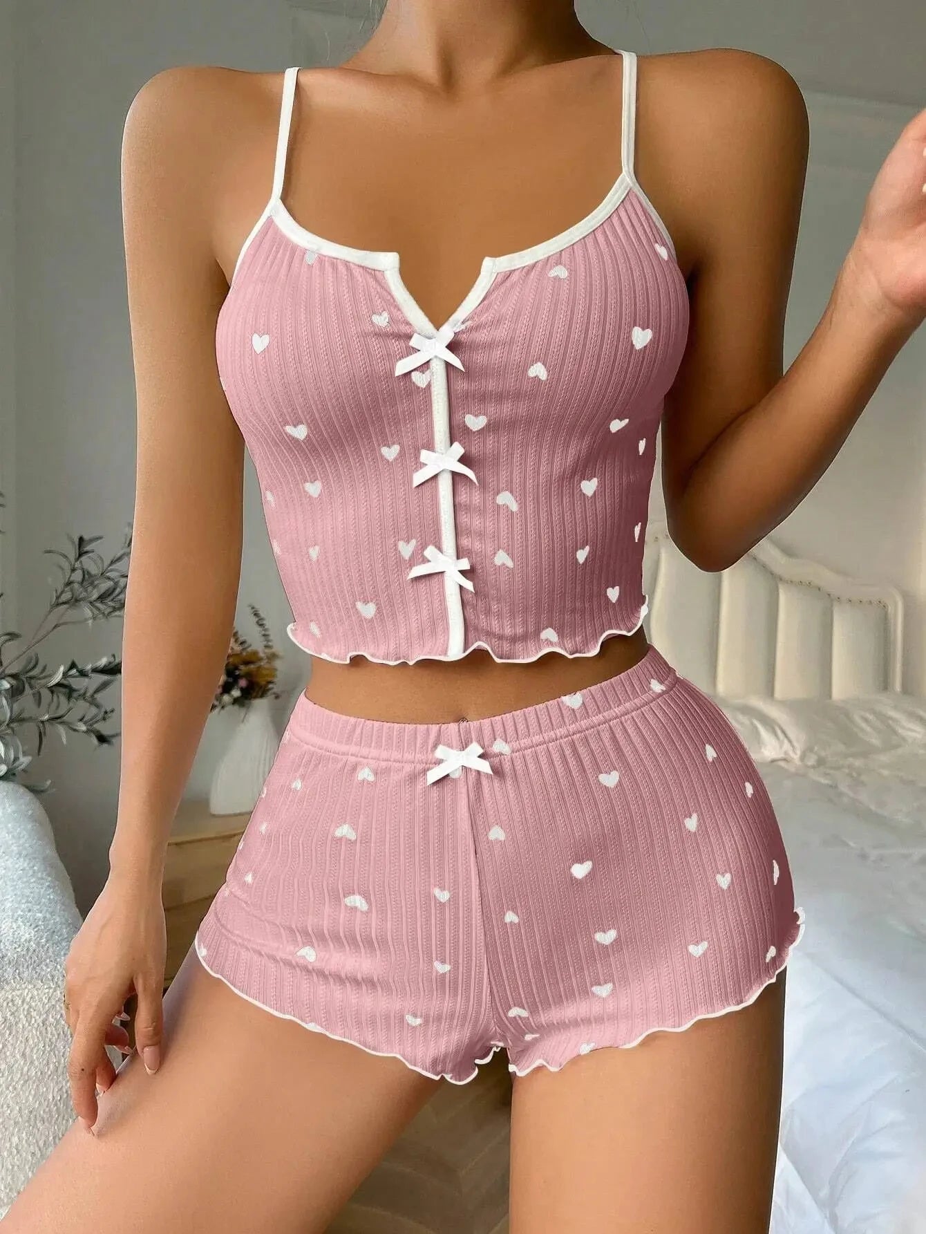 Silk Heart Print Pajamas Set - Womens V-Neck Cami Top  Shorts Loungewear - ZOOMNSTORE