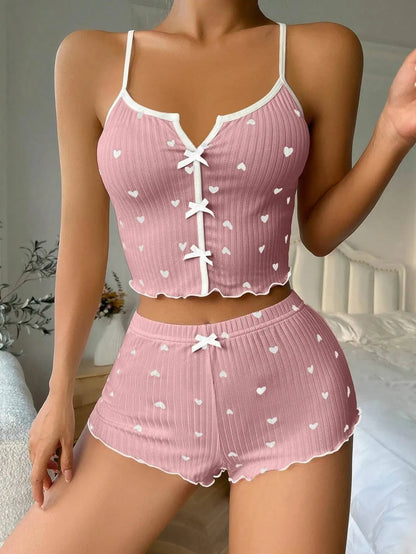 Silk Heart Print Pajamas Set - Womens V-Neck Cami Top  Shorts Loungewear - ZOOMNSTORE
