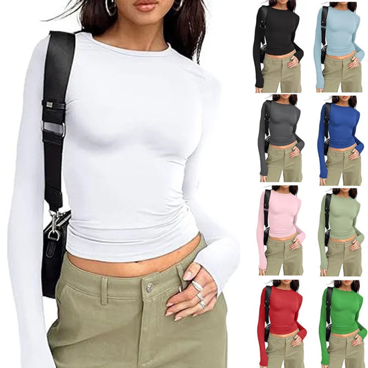 Women Slim Fit T-Shirt – Long Sleeve Crew Neck Crop Top | Casual Spring Summer Tee - ZOOMNSTORE