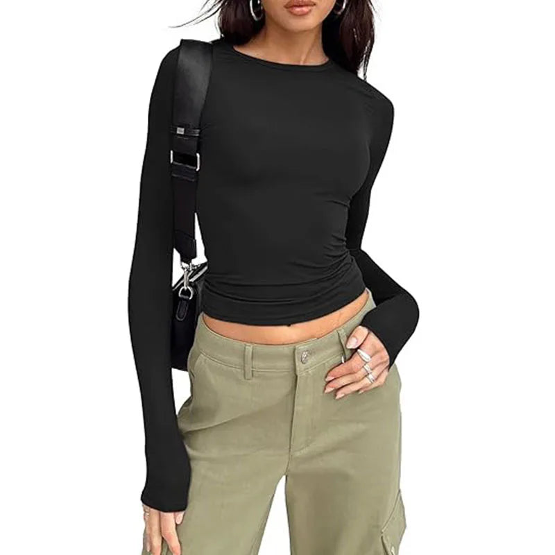 Women Slim Fit T-Shirt – Long Sleeve Crew Neck Crop Top | Casual Spring Summer Tee - ZOOMNSTORE