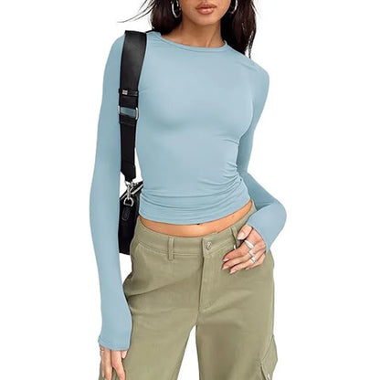 Women Slim Fit T-Shirt – Long Sleeve Crew Neck Crop Top | Casual Spring Summer Tee - ZOOMNSTORE