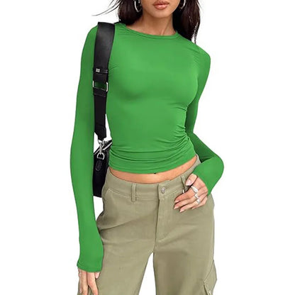 Women Slim Fit T-Shirt – Long Sleeve Crew Neck Crop Top | Casual Spring Summer Tee - ZOOMNSTORE