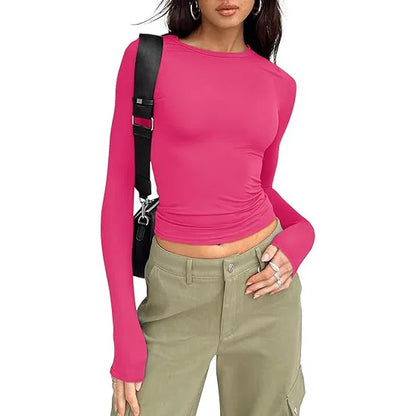 Women Slim Fit T-Shirt – Long Sleeve Crew Neck Crop Top | Casual Spring Summer Tee - ZOOMNSTORE