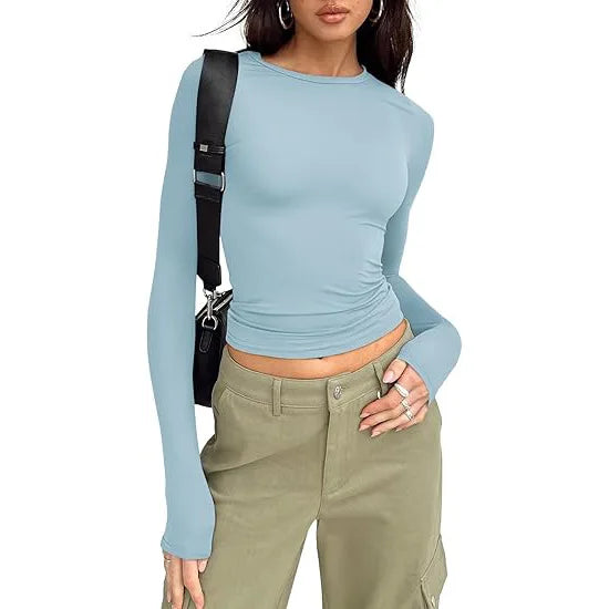 Women Slim Fit T-Shirt – Long Sleeve Crew Neck Crop Top | Casual Spring Summer Tee - ZOOMNSTORE