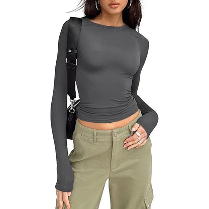 Women Slim Fit T-Shirt – Long Sleeve Crew Neck Crop Top | Casual Spring Summer Tee - ZOOMNSTORE