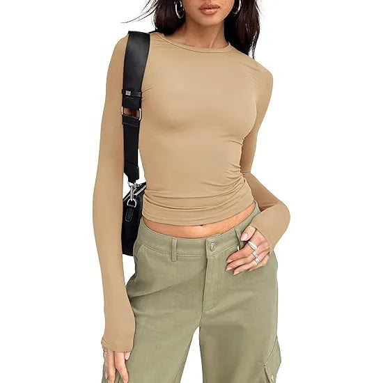 Women Slim Fit T-Shirt – Long Sleeve Crew Neck Crop Top | Casual Spring Summer Tee - ZOOMNSTORE