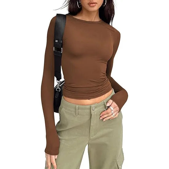 Women Slim Fit T-Shirt – Long Sleeve Crew Neck Crop Top | Casual Spring Summer Tee - ZOOMNSTORE
