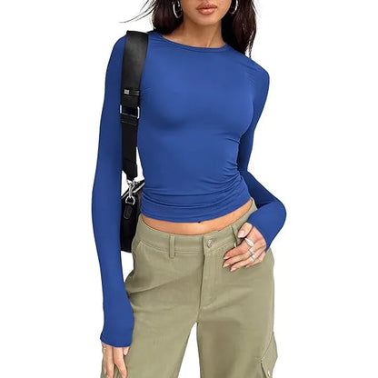 Women Slim Fit T-Shirt – Long Sleeve Crew Neck Crop Top | Casual Spring Summer Tee - ZOOMNSTORE