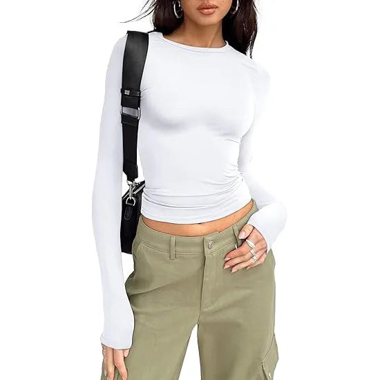 Women Slim Fit T-Shirt – Long Sleeve Crew Neck Crop Top | Casual Spring Summer Tee - ZOOMNSTORE