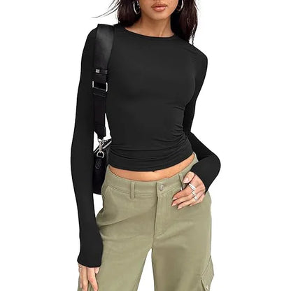 Women Slim Fit T-Shirt – Long Sleeve Crew Neck Crop Top | Casual Spring Summer Tee - ZOOMNSTORE