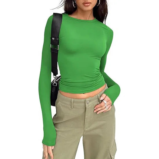 Women Slim Fit T-Shirt – Long Sleeve Crew Neck Crop Top | Casual Spring Summer Tee - ZOOMNSTORE