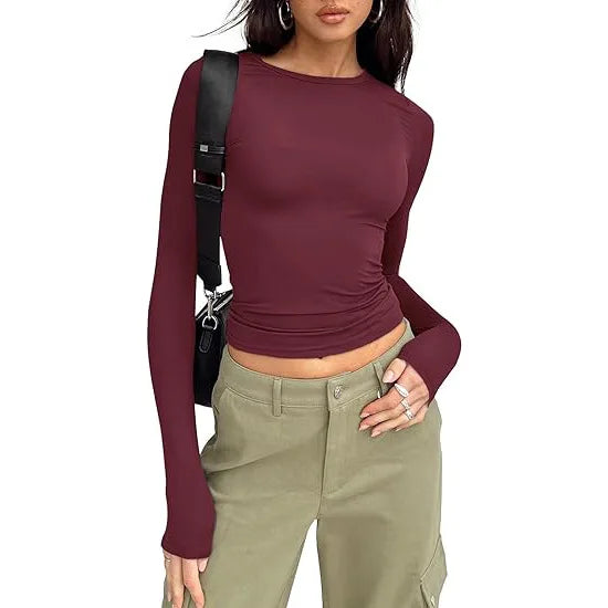 Women Slim Fit T-Shirt – Long Sleeve Crew Neck Crop Top | Casual Spring Summer Tee - ZOOMNSTORE