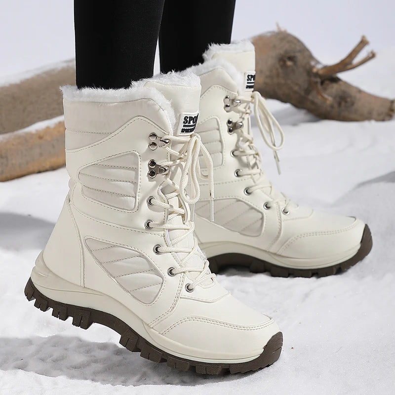 Women Snow Boots - Waterproof Lace-Up Ankle Hiking Boots with Plush Lining - ZOOMNSTORE