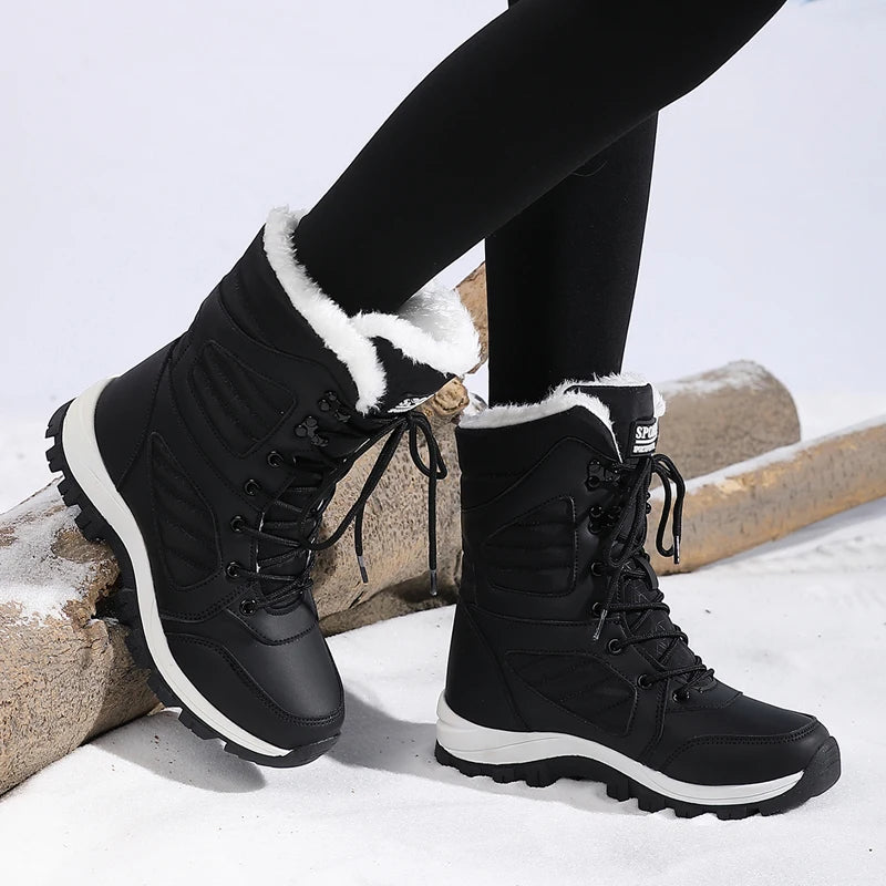 Women Snow Boots - Waterproof Lace-Up Ankle Hiking Boots with Plush Lining - ZOOMNSTORE