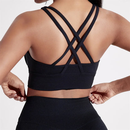 Women Sports Bra - Cross Back High Support Fitness Bra With Chest Pad For Training - ZOOMNSTORE