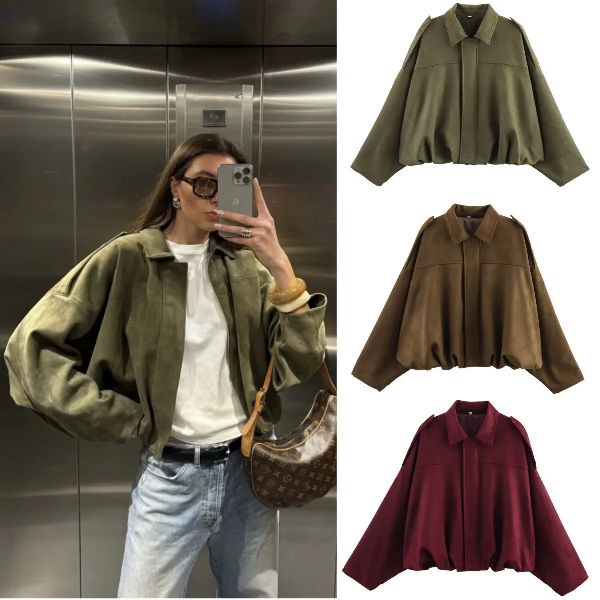 Suede Bomber Jacket - Womens Loose Fashion Spring Outerwear - ZOOMNSTORE