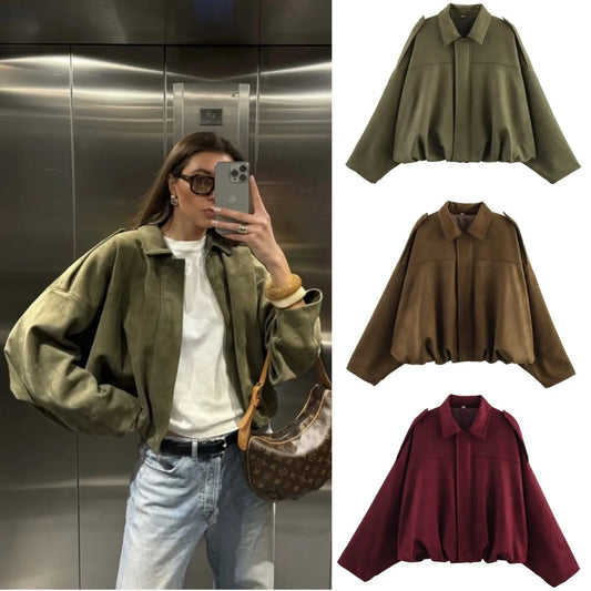 Suede Bomber Jacket - Womens Loose Fashion Spring Outerwear - ZOOMNSTORE