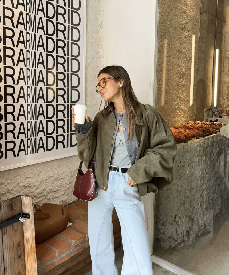 Suede Bomber Jacket - Womens Loose Fashion Spring Outerwear - ZOOMNSTORE