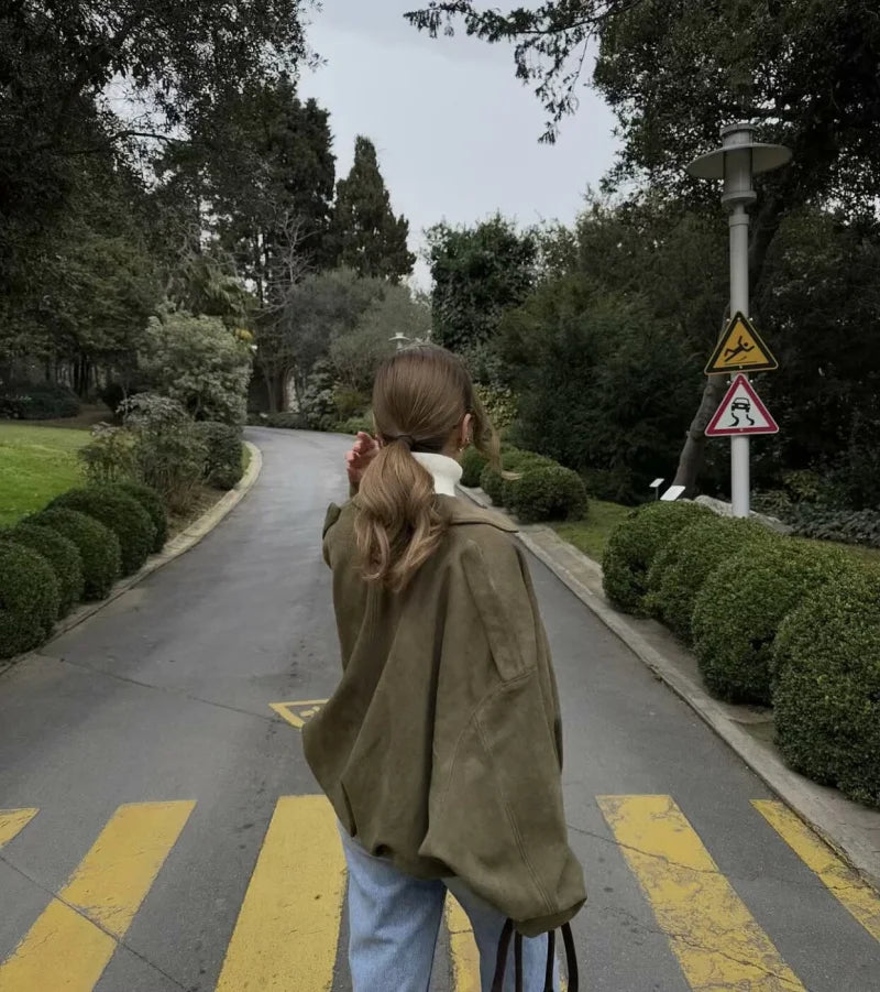 Suede Bomber Jacket - Womens Loose Fashion Spring Outerwear - ZOOMNSTORE