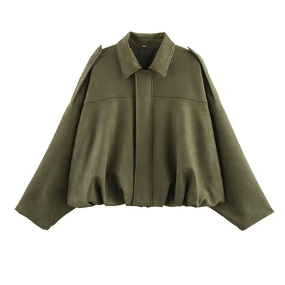 Suede Bomber Jacket - Womens Loose Fashion Spring Outerwear - ZOOMNSTORE