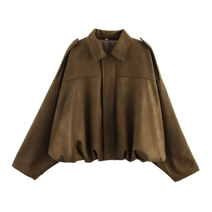 Suede Bomber Jacket - Womens Loose Fashion Spring Outerwear - ZOOMNSTORE