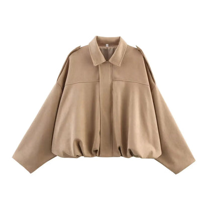 Suede Bomber Jacket - Womens Loose Fashion Spring Outerwear - ZOOMNSTORE