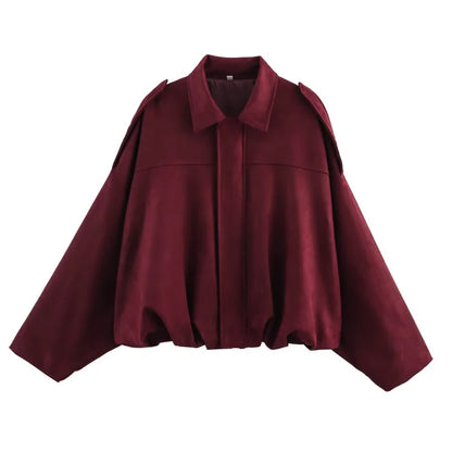 Suede Bomber Jacket - Womens Loose Fashion Spring Outerwear - ZOOMNSTORE