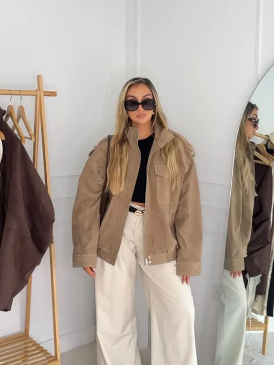 Women Suede Jacket – Stand Collar Casual Outerwear With Zipper Pockets, Loose Fit Coat - ZOOMNSTORE