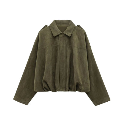 Vintage Womens Suede Bomber Jacket - Brown Green Casual Motorcycle Coat - ZOOMNSTORE