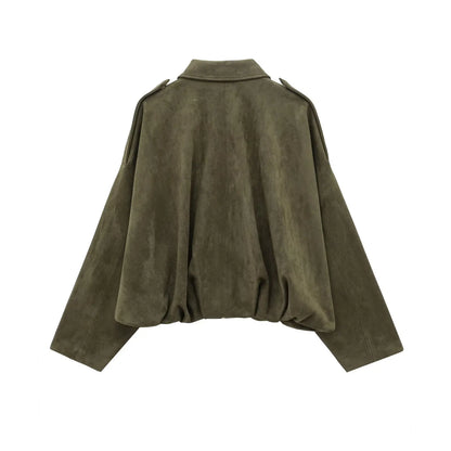 Vintage Womens Suede Bomber Jacket - Brown Green Casual Motorcycle Coat - ZOOMNSTORE