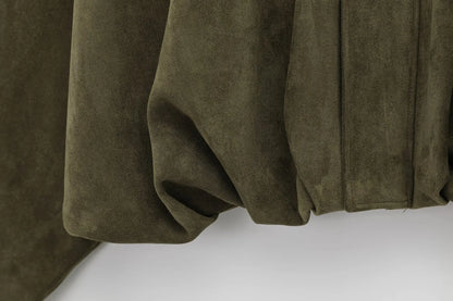 Vintage Womens Suede Bomber Jacket - Brown Green Casual Motorcycle Coat - ZOOMNSTORE