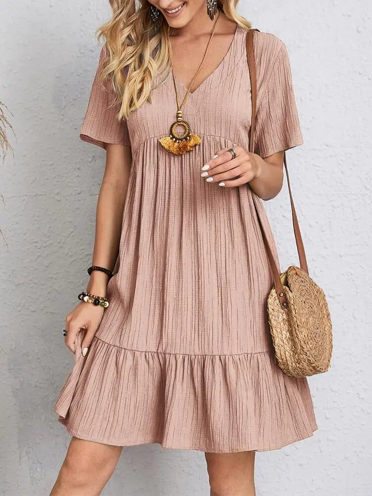 Elegant V Neck Ruffle Mini Dress - Womens Casual Summer Sundress - ZOOMNSTORE