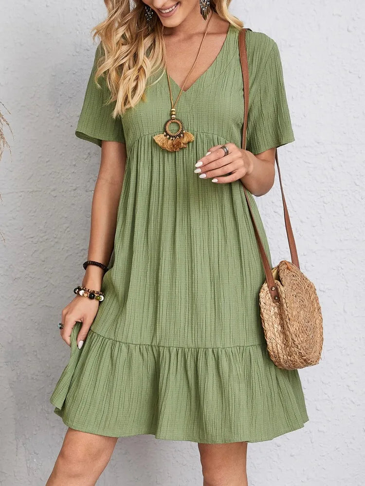 Elegant V Neck Ruffle Mini Dress - Womens Casual Summer Sundress - ZOOMNSTORE