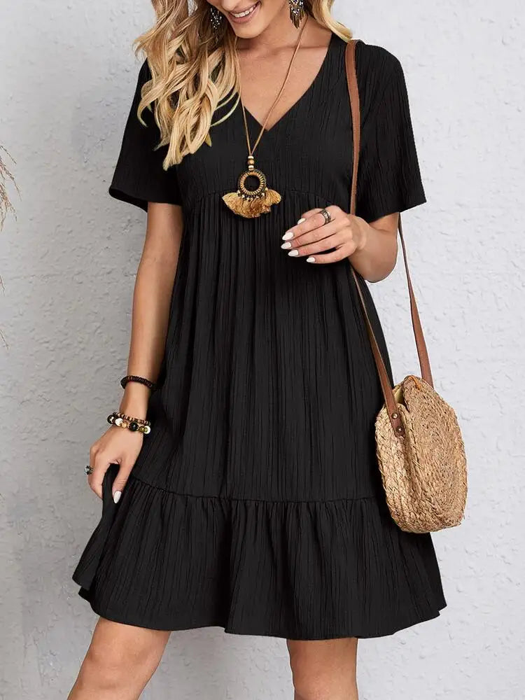 Elegant V Neck Ruffle Mini Dress - Womens Casual Summer Sundress - ZOOMNSTORE
