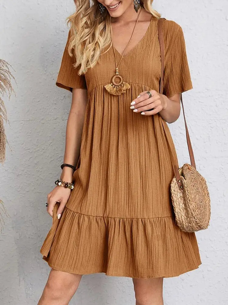 Elegant V Neck Ruffle Mini Dress - Womens Casual Summer Sundress - ZOOMNSTORE