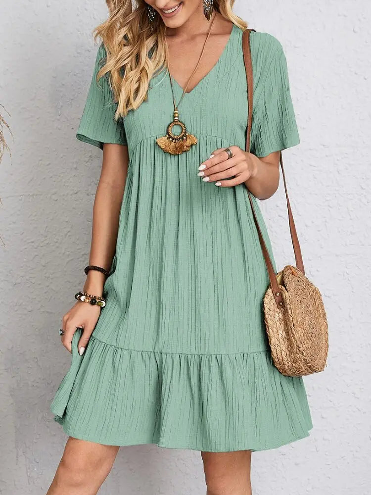 Elegant V Neck Ruffle Mini Dress - Womens Casual Summer Sundress - ZOOMNSTORE