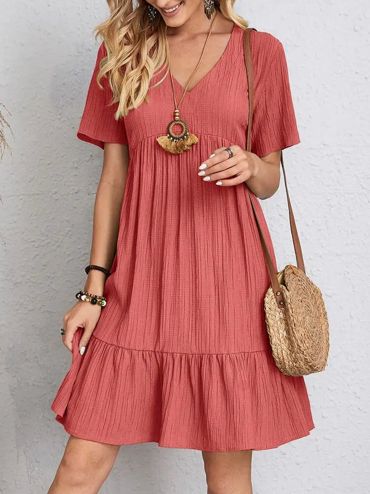 Elegant V Neck Ruffle Mini Dress - Womens Casual Summer Sundress - ZOOMNSTORE