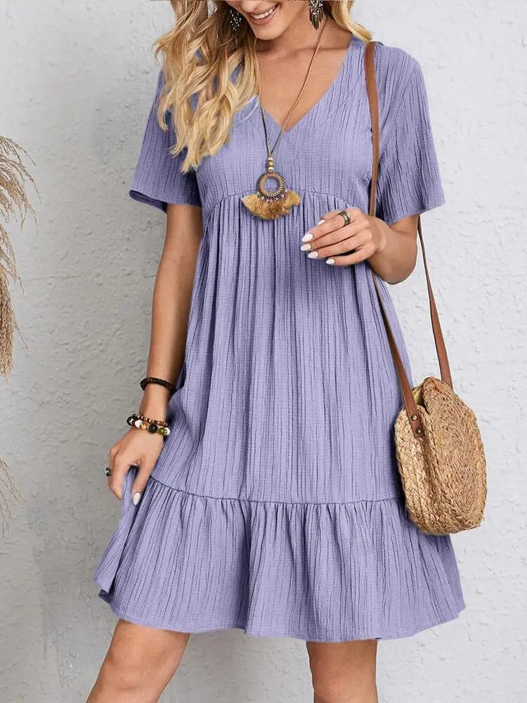 Elegant V Neck Ruffle Mini Dress - Womens Casual Summer Sundress - ZOOMNSTORE