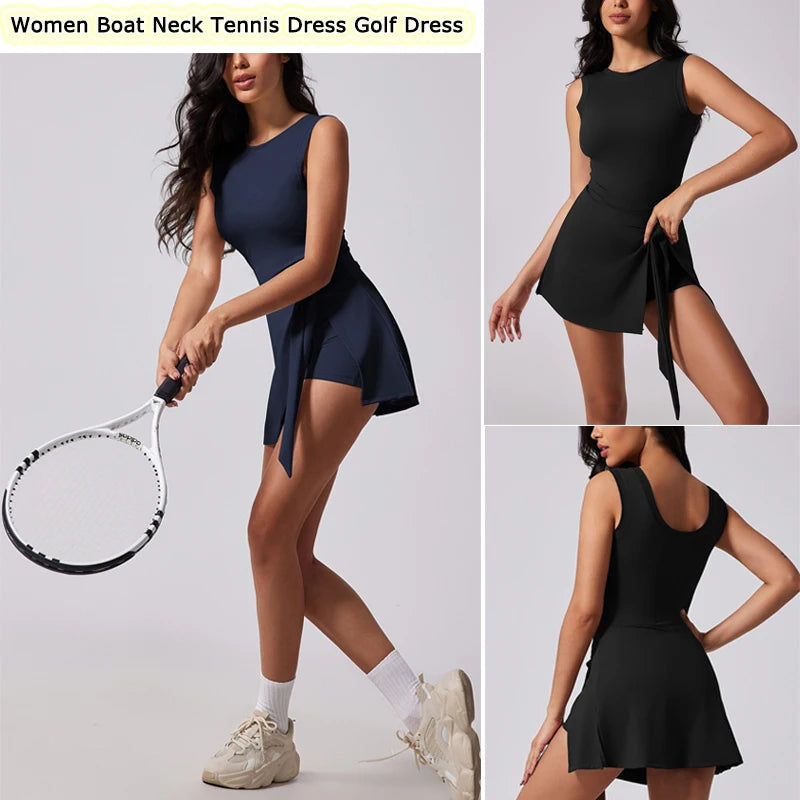 Womens Tennis Dress with Built-in Shorts - Sleeveless Athletic Workout Skort Dress - ZOOMNSTORE